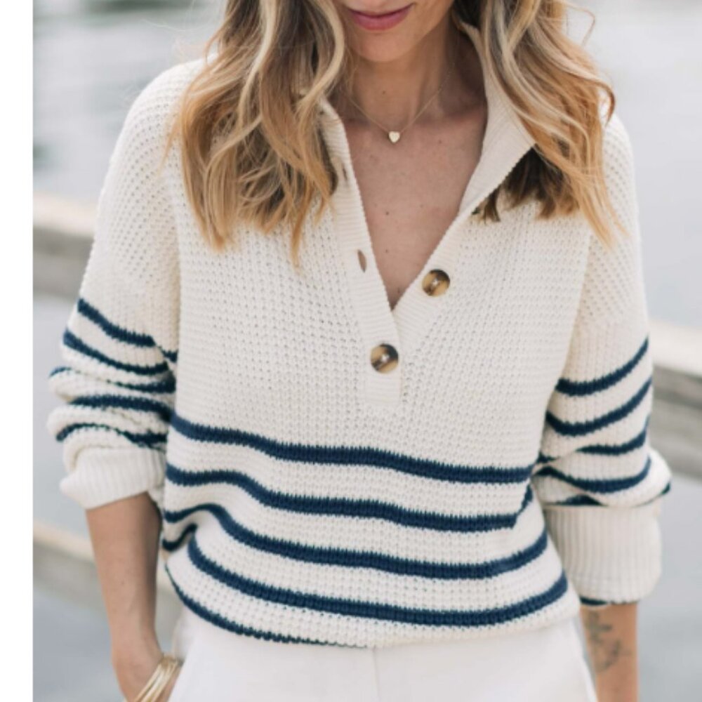 Able Cream Knit Sweater with Navy Stripes
